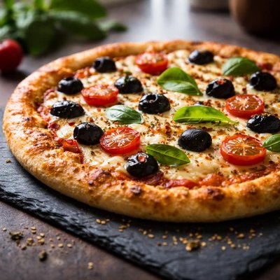 Pizza with olives and cheese
