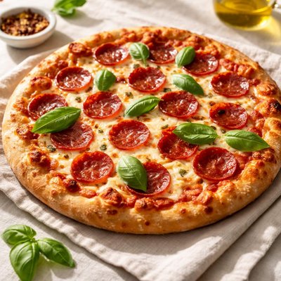 Pizza with pepperoni and basil