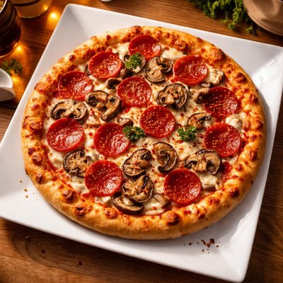 Pizza with pepperoni and mushrooms
