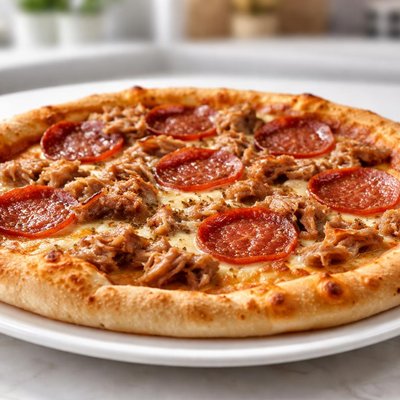 Pizza with pepperoni and tuna