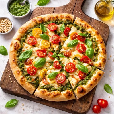 Pizza with pesto and tomatoes