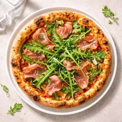 Pizza with priscutto and rocket