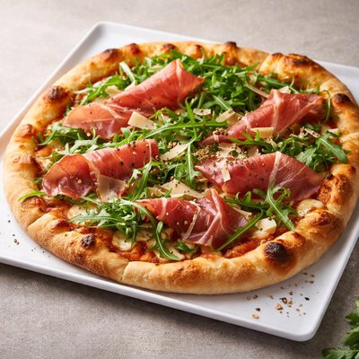 Pizza with prosciutto and arugula