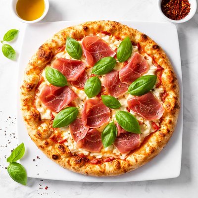 Pizza with prosciutto and basil
