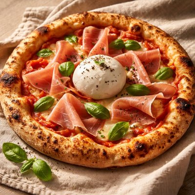 Pizza with prosciutto and burrata