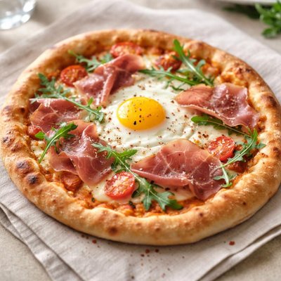Pizza with prosciutto and egg