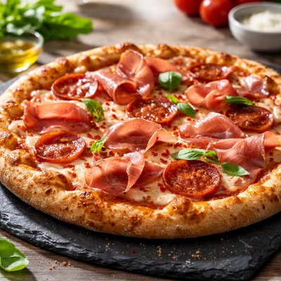 Pizza with prosciutto and pepperoni