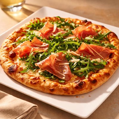 Pizza mit Parmaschinken und Rucola