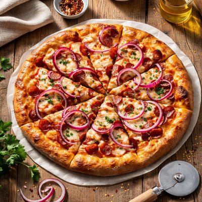 Pizza with red onions