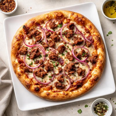 Pizza with red onions and meat
