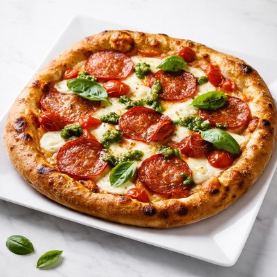 Pizza with salami and pesto