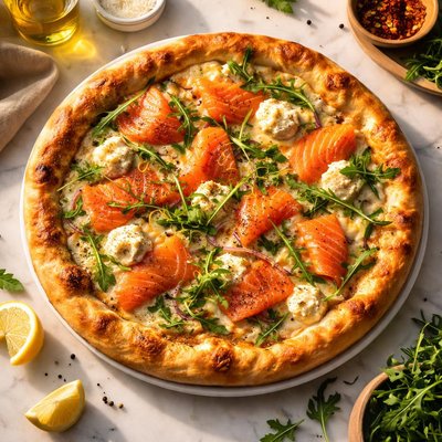 Pizza with salmon and cheese