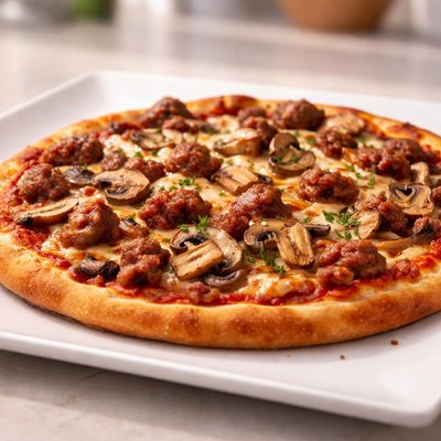 Pizza with sausage and mushrooms