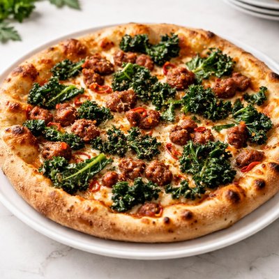 Pizza with spicy sausage and kale