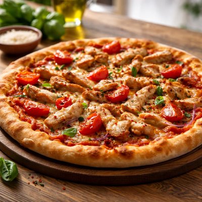 Pizza with tomato sauce and chicken
