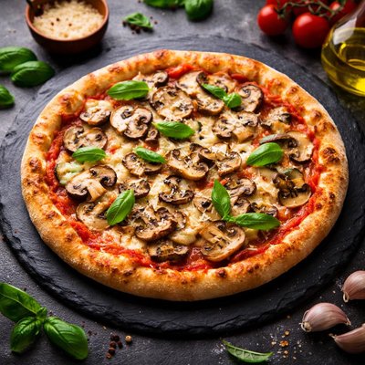 Pizza with tomato sauce and mushrooms