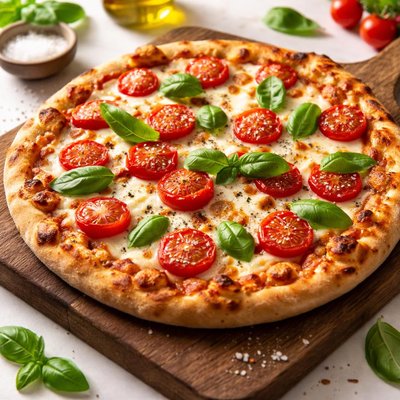 Pizza with tomatoes and basil