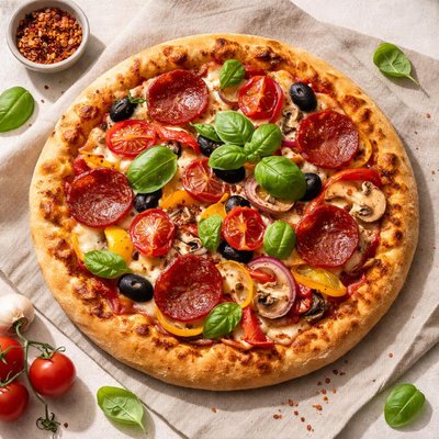 Pizza with vegetables and pepperoni