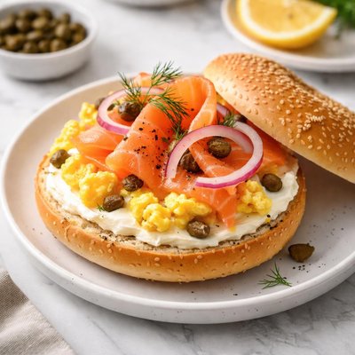 Plain bagel with eggs and smoked salmon