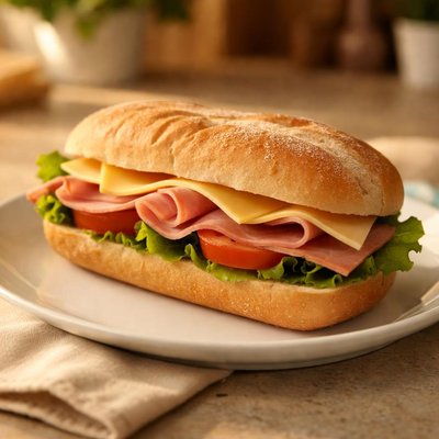 意大利面包上的火腿和奶酪三明治