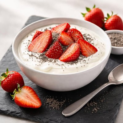 Plain yogurt with chia seeds and strawberries