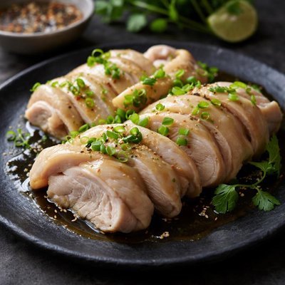 Poached chicken thigh