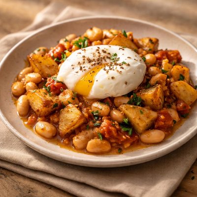 Poached egg with beans and potatoes