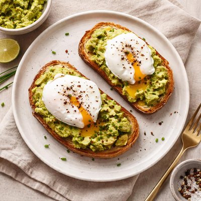 Poached eggs on toast with avocado