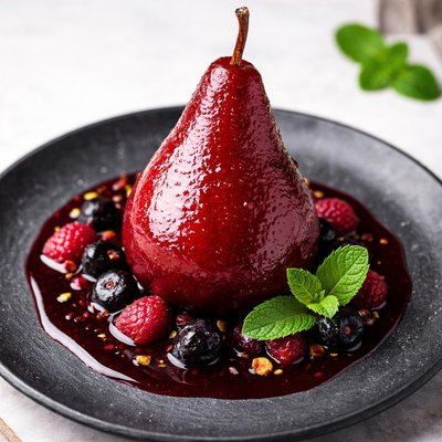Poached pear with berry sauce
