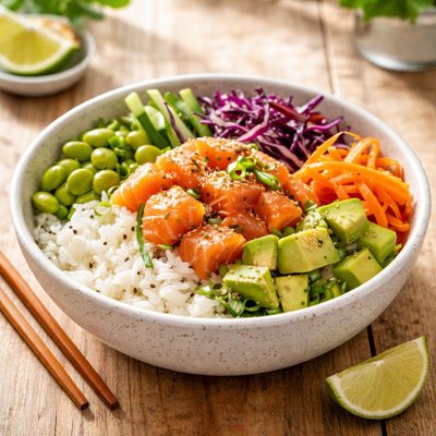 Poke bowl with salmon and avocado