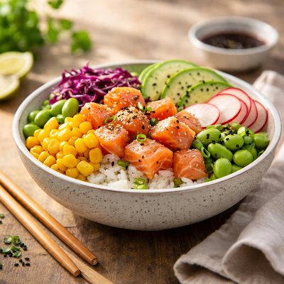 Poke bowl with salmon and corn