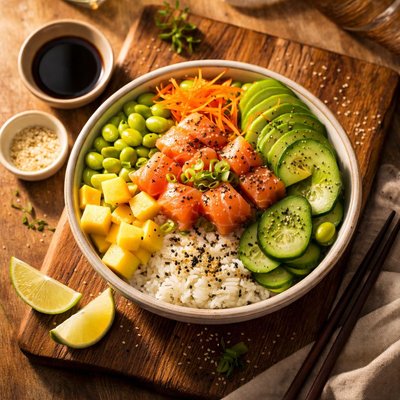Poke bowl with salmon and mango