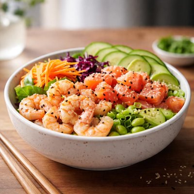 Poke bowl with shrimp and salmon