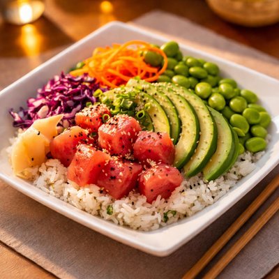 Poke bowl with tuna and avocado