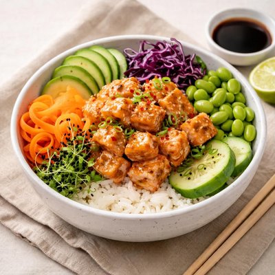 Pokebowl rice spicy salmon