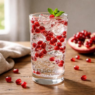 Pomegranate seeds in sparkling water
