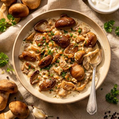 牛肝菌蘑菇配洋葱和酸奶油