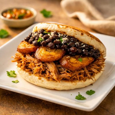 Pork and plantain and black bean arepa