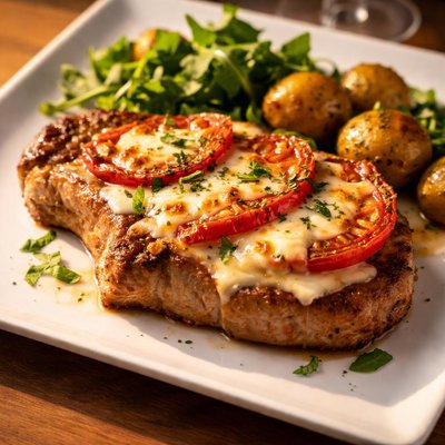 Pork chop with cheese and tomato