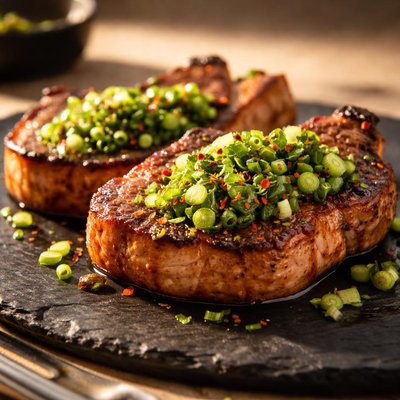 Pork chops with zesty green onion salsa