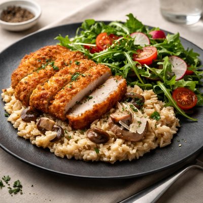 Cotoletta di maiale ai funghi con risotto e insalata