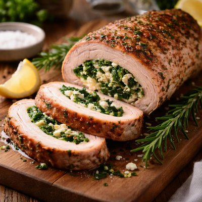Pork loin stuffed with feta and spinach