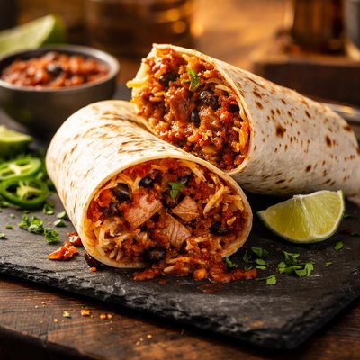 Pork red chili burrito