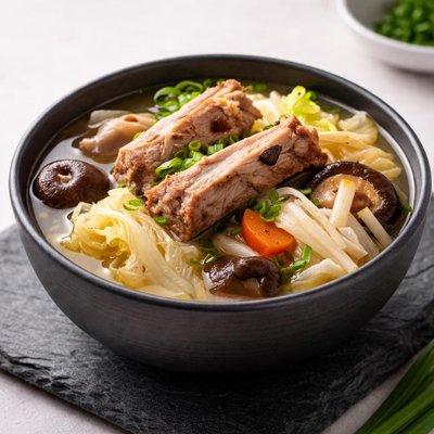 Pork rib soup with cabbage and mushroom