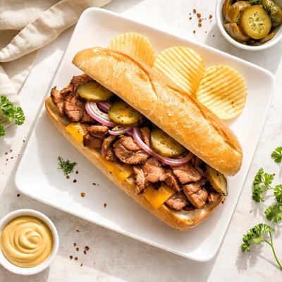 Pork sandwich with cheese on french bread