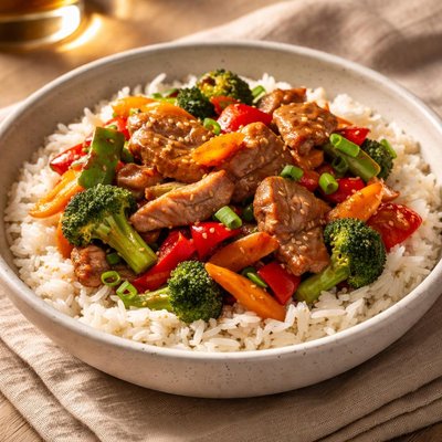 Pork stir fry with rice