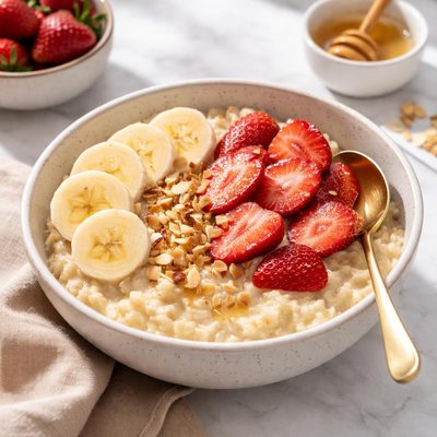 Porridge with banana and strawberries