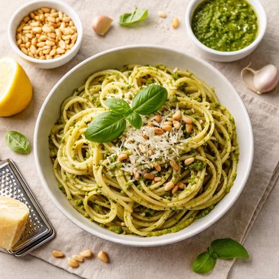 Portion pasta with pesto