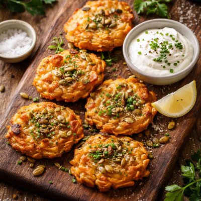 Potato cake with pumpkin seeds and sour cream