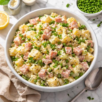 Potato salad with ham and peas